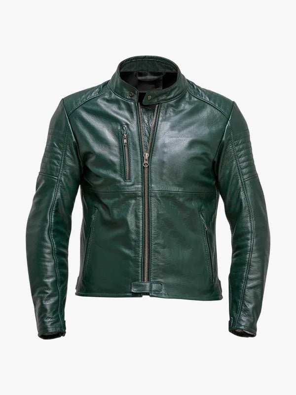 Men's Slight Fitted Green Leather Cafe Racer Padded Jacket