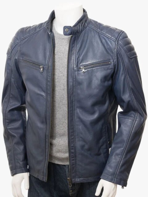 Men's Smoky Navy Blue Leather Cafe Racer Jacket