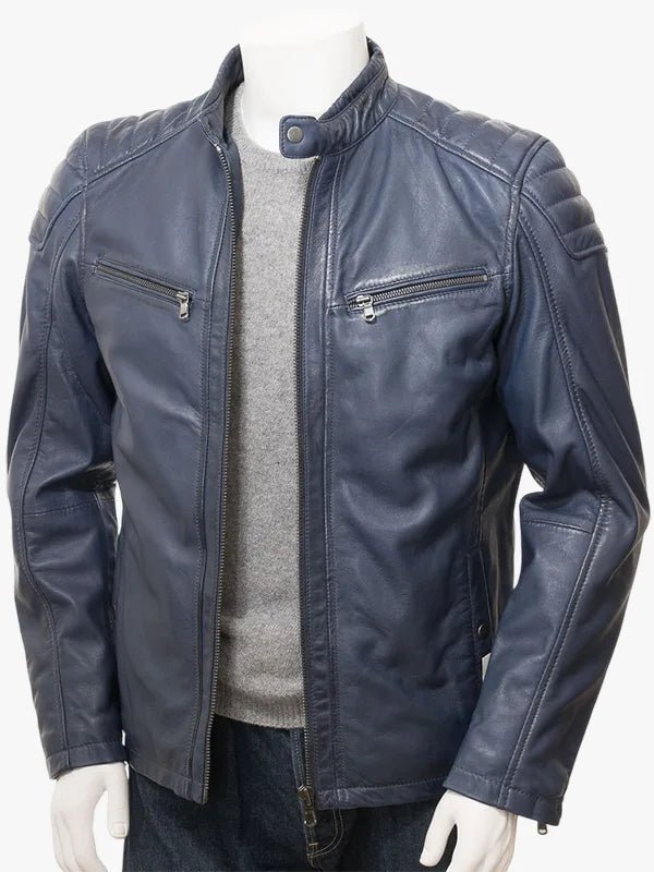 Men's Smoky Navy Blue Leather Cafe Racer Jacket