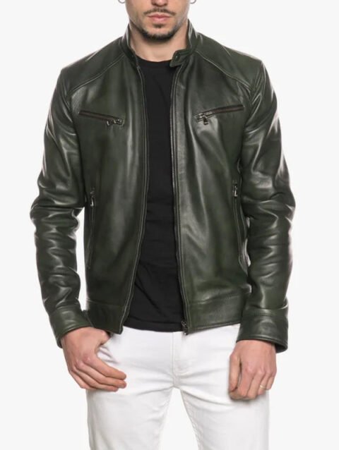 Men’s Snap-Tab Collar Green Leather Cafe Racer Jacket