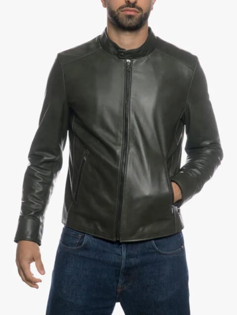 Men's Soft Genuine Leather Cafe Racer Jacket Green