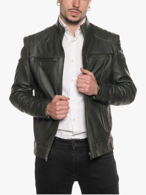 Men's Soft Padded Green Leather Biker Jacket