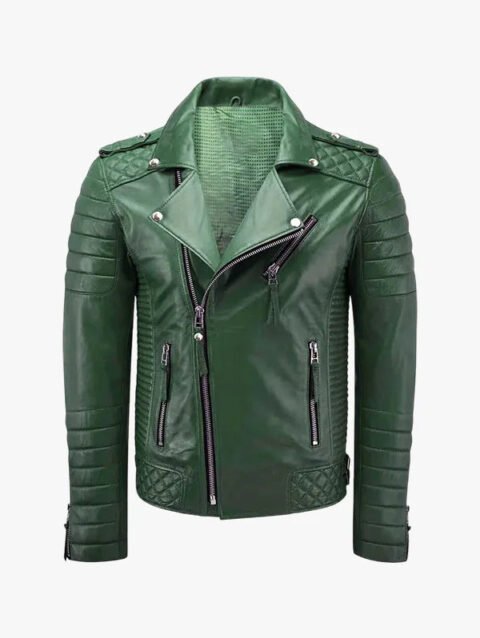 Men's Soft Quilted Shoulder Padded Green Leather Biker Jacket