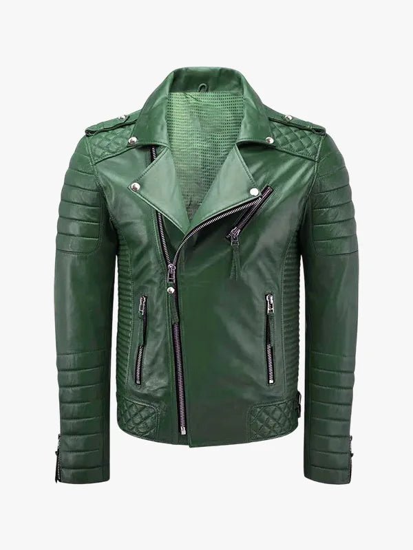 Men's Soft Quilted Shoulder Padded Green Leather Biker Jacket