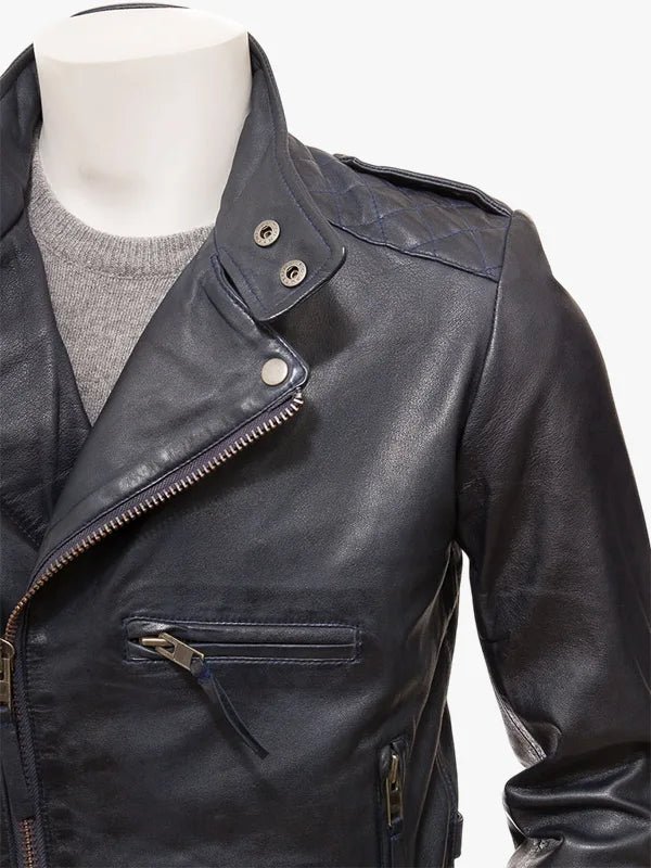 Men's Soft Shoulder Padded Blue Leather Biker Jacket