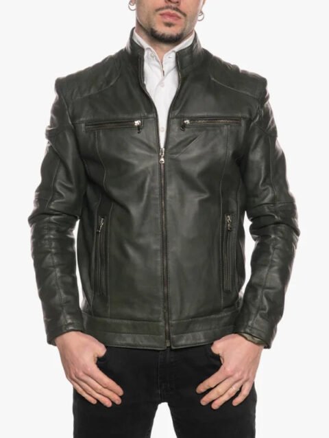 Men's Soft Shoulder Padded Green Leather Biker Jacket