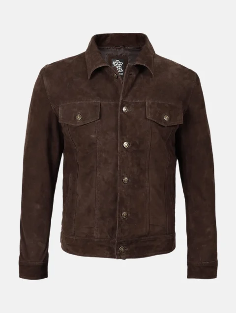 Men's Trucker Style Dark Brown Suede Jacket