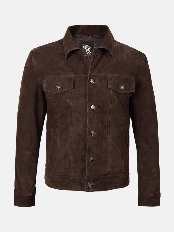 Men's Trucker Style Dark Brown Suede Jacket