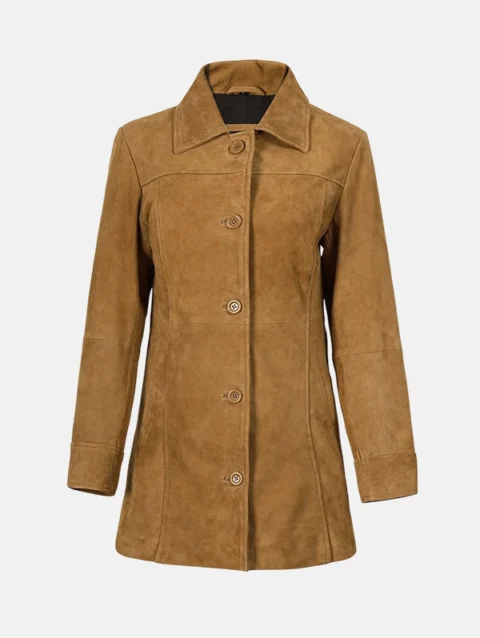 Mid Length Button Down Brown Suede Coat