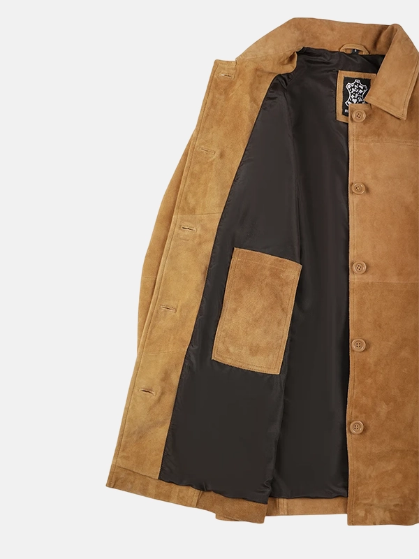Mid Length Button Down Brown Suede Leather Coat For Women's