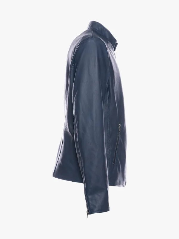 Midnight Blue Lamb Leather Cafe Racer Men's Jacket