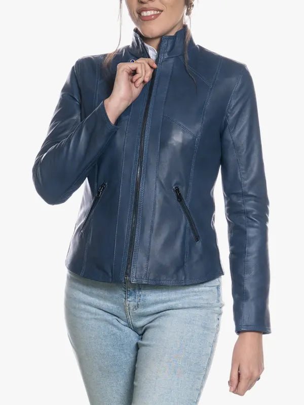 Moto Style Women’s Slim Blue Leather Jacket