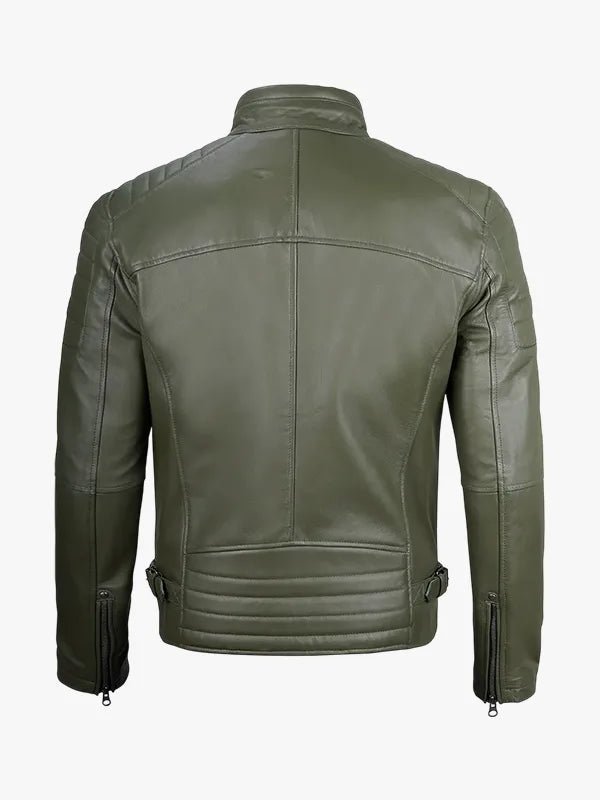 Motorcycle Cafe Racer Style Dark Olive Green Leather Jacket Men's