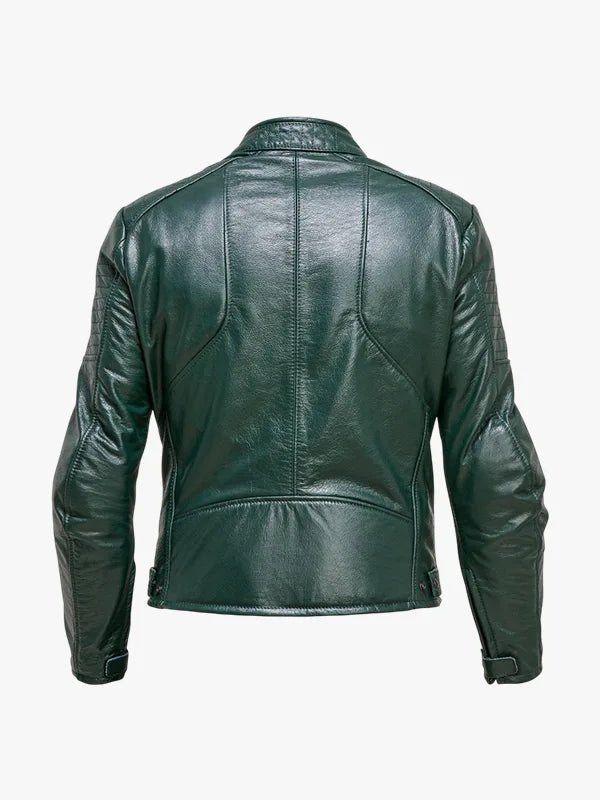 Padded Slight Fitted Green Leather Cafe Racer Moto Jacket For Men's