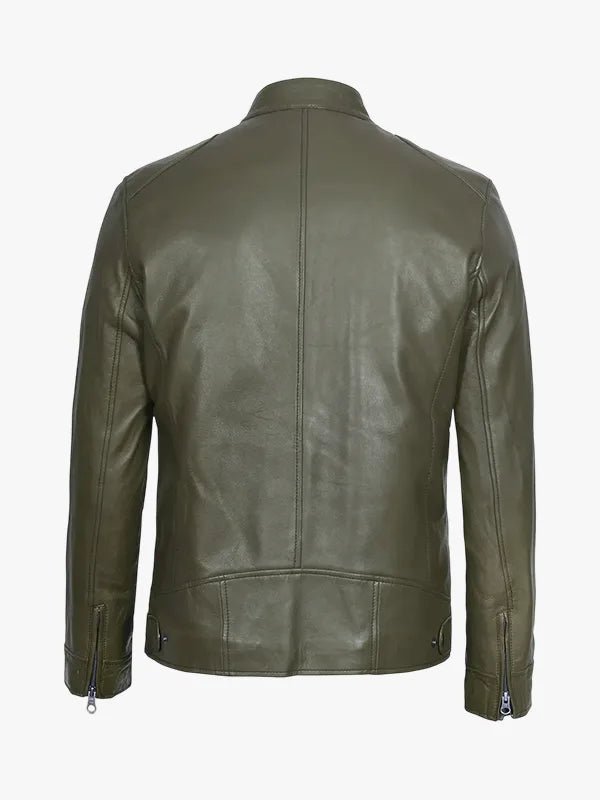 Simple Cafe Racer Leather Olive Green Jacket For Men's