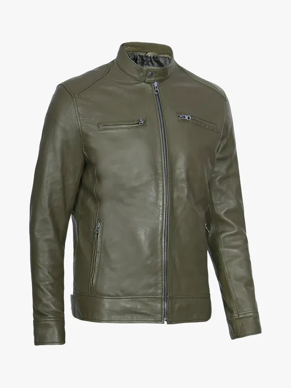 Simple Olive Green Cafe Racer Leather Jacket Men's