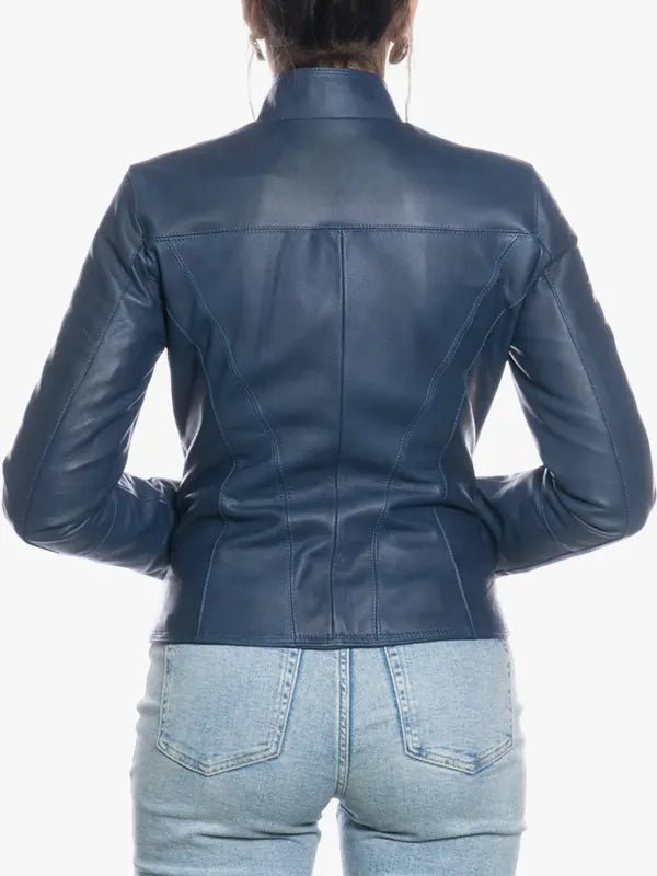 Slim Motorcycle Blue Leather Jacket For Women's