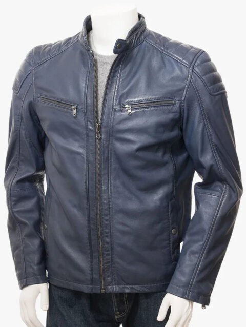 Smoky Navy Blue Leather Cafe Racer Jacket Men's