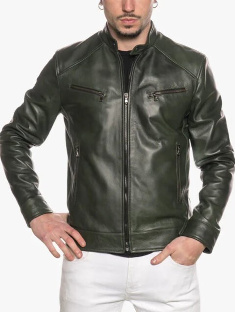 Snap-Tab Collar Green Leather Cafe Racer Jacket Men’s