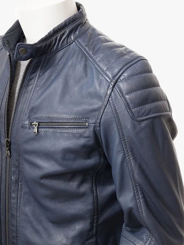 Snap-Tab Smoky Navy Blue Leather Cafe Racer Moto Jacket Men's