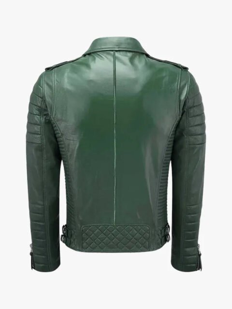 Soft Quilted Shoulder Padded Green Leather Biker Men's Jacket