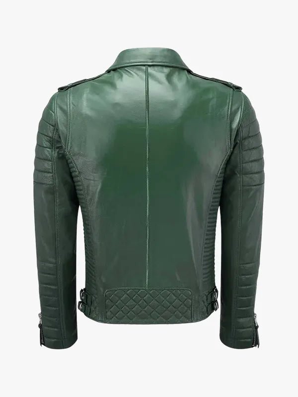 Soft Quilted Shoulder Padded Green Leather Biker Men's Jacket