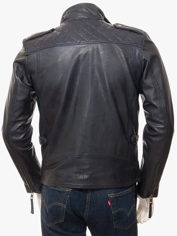 Soft Shoulder Padded Blue Leather Biker Jacket For Men's