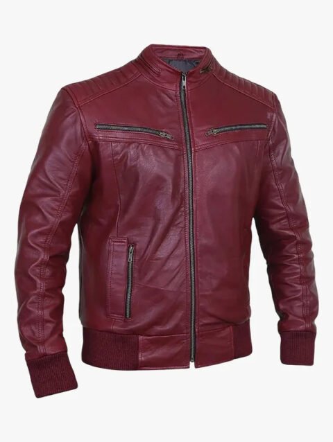 Soft Shoulder Padded Maroon Leather Bomber Jacket Men's