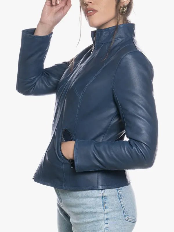 Women’s Slim Motorcycle Blue Leather Jacket