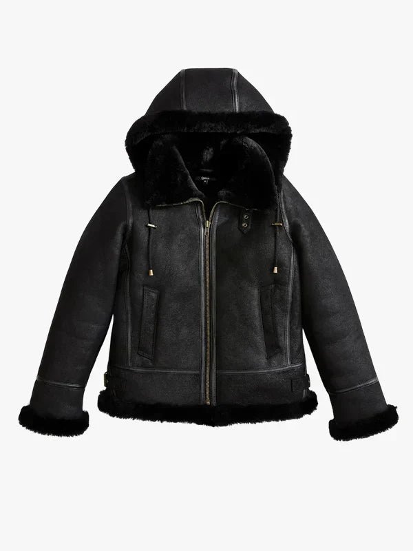 Women's Black Leather Shearling Jacket With Hood