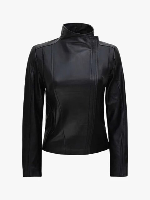 Women’s Flap Closure Black Leather Biker Jacket