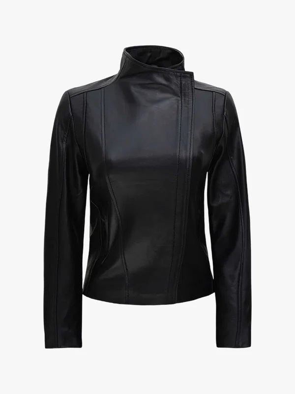 Women’s Flap Closure Black Leather Biker Jacket