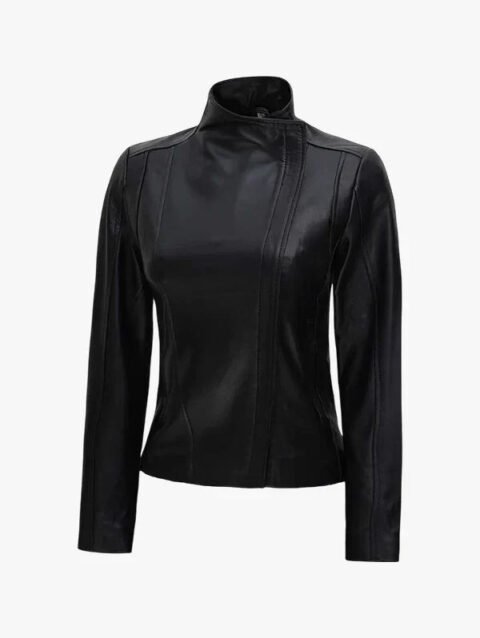 Women’s Flap Closure Leather Biker Jacket Black