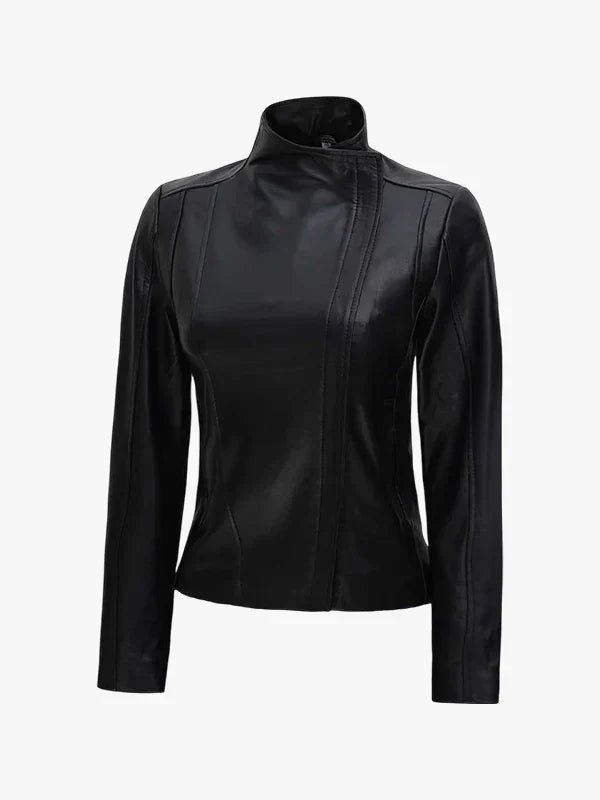 Women’s Flap Closure Leather Biker Jacket Black