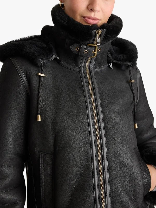 Women's Hooded Black Leather Shearling Jacket