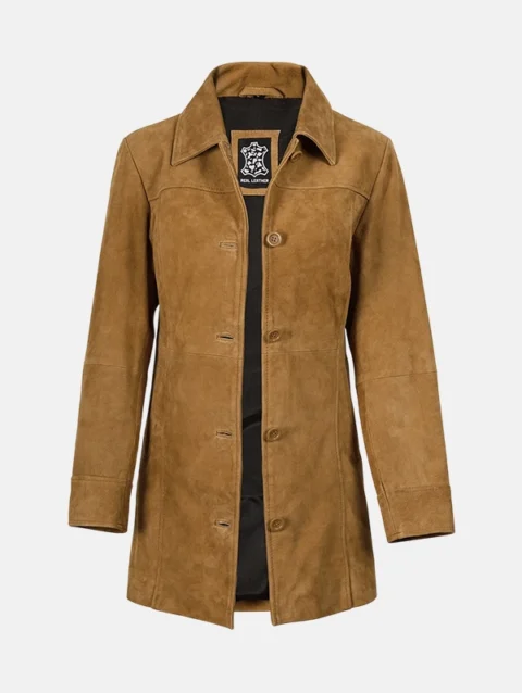 Women's Mid Length Button Down Brown Suede Coat