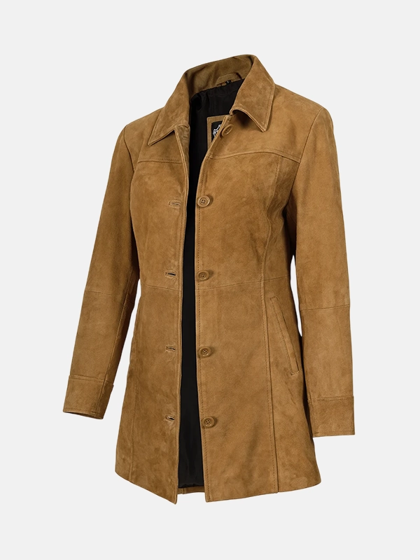 Women's Mid Length Button Down Brown Suede Leather Coat