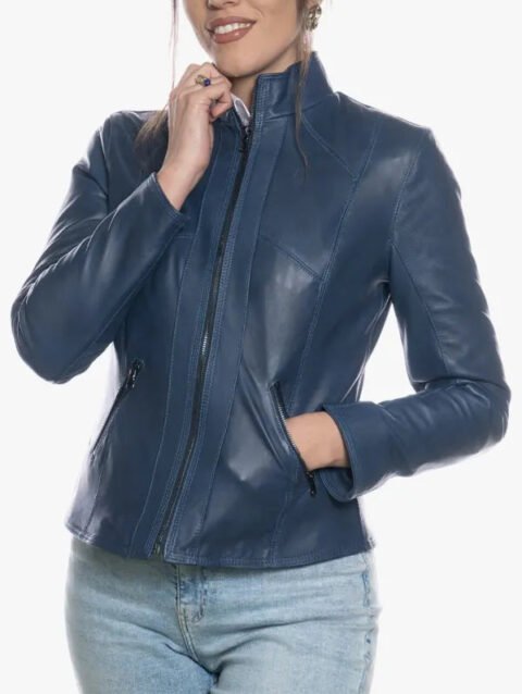 Women’s Slim Blue Leather Moto Jacket