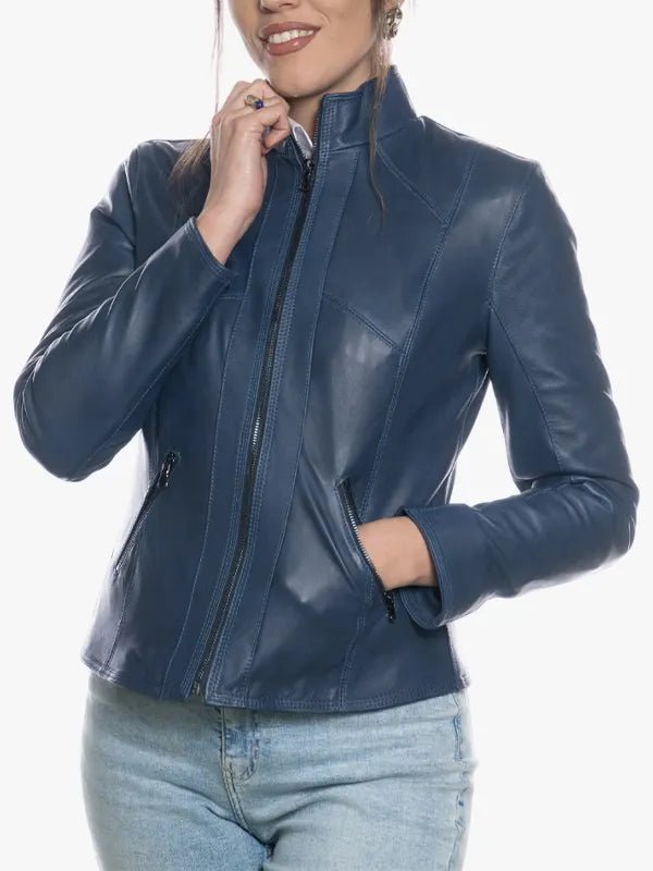 Women’s Slim Blue Leather Moto Jacket