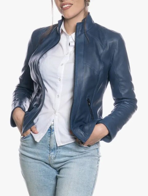 Women’s Slim Motorcycle Blue Leather Jacket